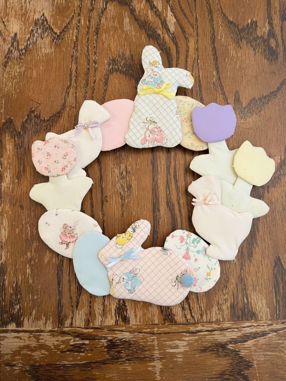 Vintage Handmade Bunny & Tulip Fabric Wreath - Pastel Spring Wall/Door Decor - E